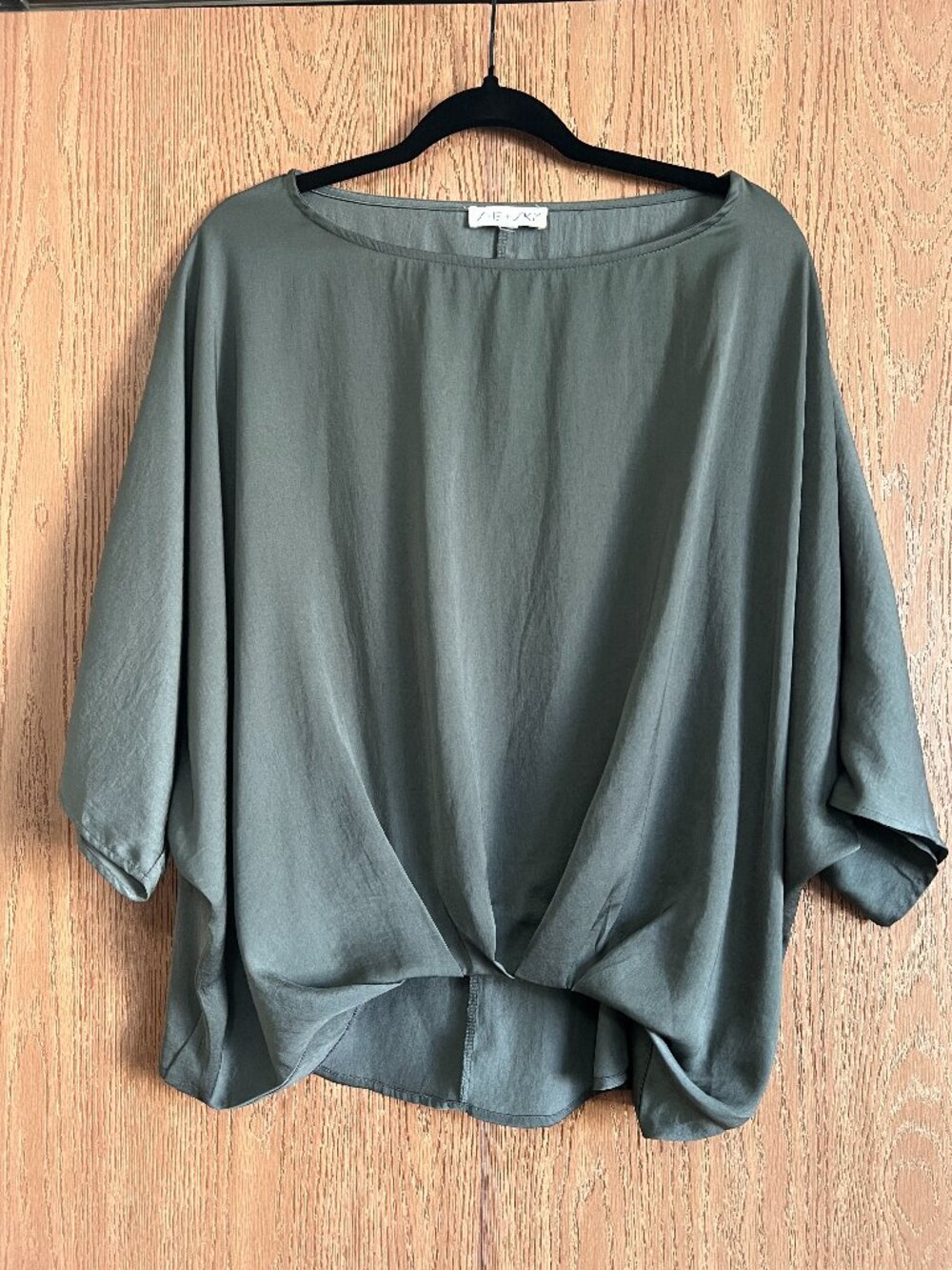 She + Sky Muted Olive Green Batwing Front Twist Hem Top